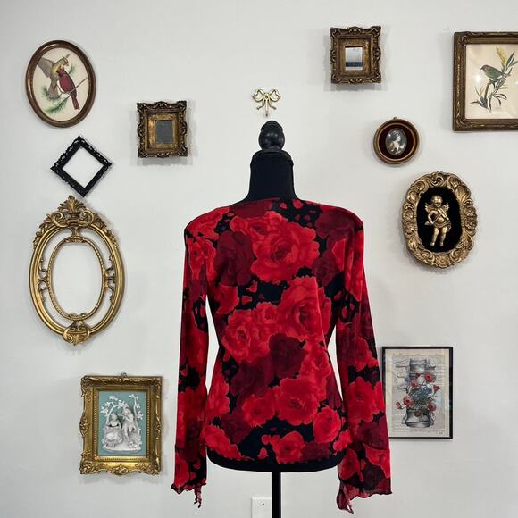 Vintage Y2K Fashion Bug Red Rose Mesh Bell Sleeve Top size L - Picture 4 of 5